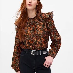 Gap ruffle sleeve blouse metallic shine floral career statement natural Small